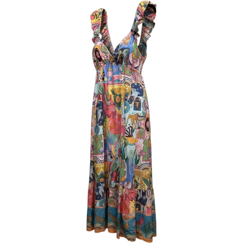 J. Marie Womens XL Multi Patchwork Ruffle Tiered Maxi Dress V-Neck Cutout Back